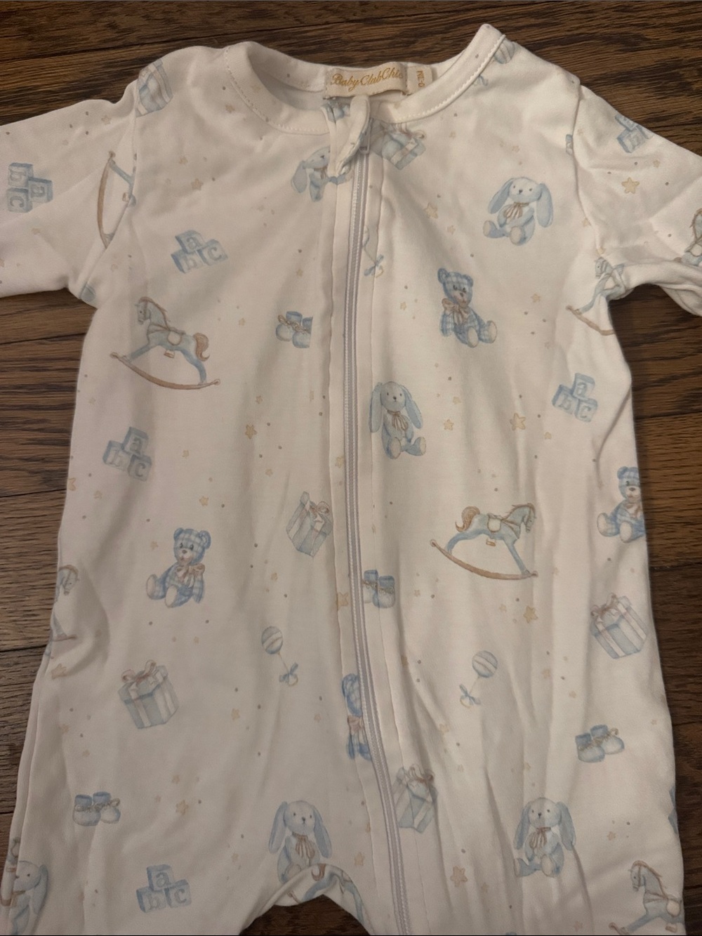 Baby Club Chic 0-3 months onesie - White & Blue Teddy bears & rocking horse